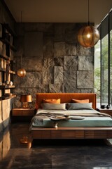 Generous Bedroom Retreat, Combining Chic Elegance, Inviting Hardwood Floors, Wood Walls, and Soft Green Tones