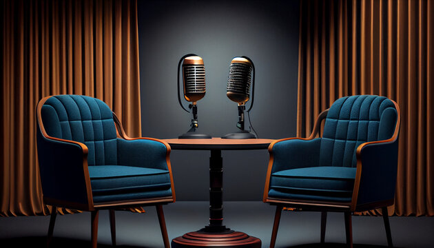 Two chairs and microphones in podcast or interview room on dark background as a wide banner for media conversations, Ai generated image