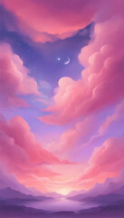 Landscape with pink and purple clouds. Generative AI.