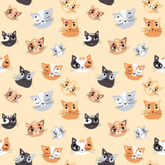 Vector seamless children's pattern with cat faces on a pink background. Suitable for baby prints, baby room decor, wallpapers, wrapping paper, stationery, scrapbooking, etc.