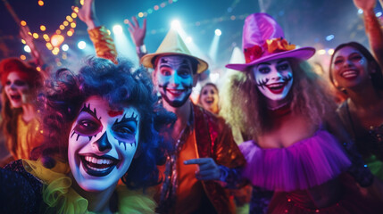 Halloween party in night club. Smiling happy people dancing in carnival costume and with  festive makeup with skull. Shiny colored lights. Generative AI