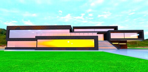 Bright sunrise reflection in the mirror windows of the contemporary property finished with black brick tile. 3d rendering.