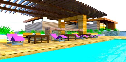 Four purple sun loungers near the pool in the bar on the deck on the territory of the suburban wooden house. 3d rendering.