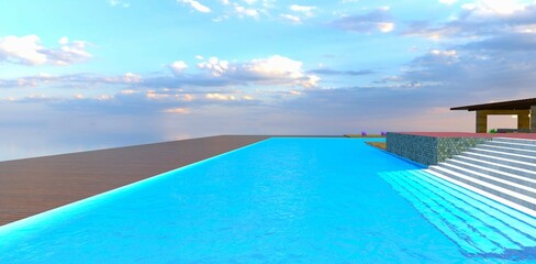 Large swimming pool on the rooftop of the skyscraper. Concrete stairs down to the water. 3d rendering.
