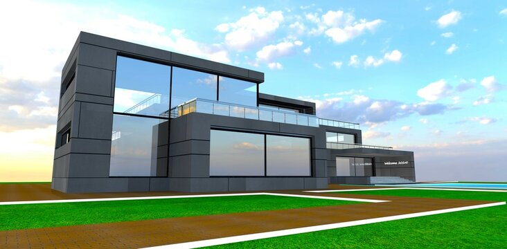 Large stained glass windows and fenced terraces of the modern property. Excellent offer for the real estate on credit. 3d rendering.