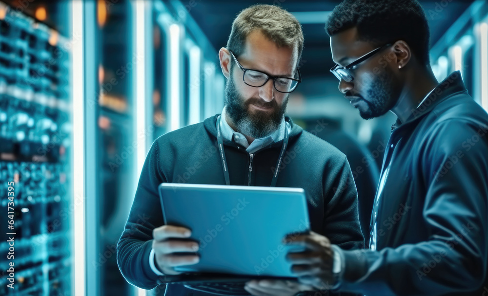 Poster IT Technician works on laptop computer and black male engineer colleague in Data Center while working next to server racks running diagnostics or doing maintenance work.