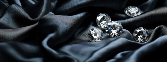 Shiny diamonds brilliants gemstones on navy blue fabric wavy background. Luxury Diamonds crystals and silk satin fabric texture background. - obrazy, fototapety, plakaty