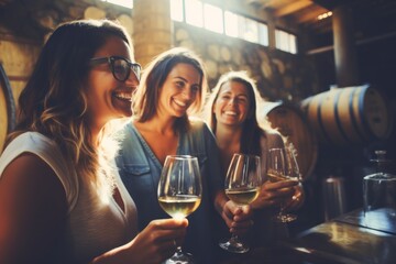 Group of friends wine tasting at a distillery or cellar drinking glasses and enjoying the tour together