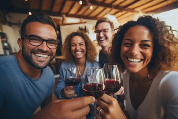 Group of friends wine tasting at a distillery or cellar drinking glasses and enjoying the tour together