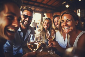 Group of friends wine tasting at a distillery or cellar drinking glasses and enjoying the tour together - obrazy, fototapety, plakaty