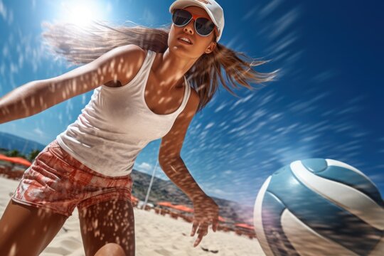 girl in motion Playing beach volleyball, hitting a ball, and falling on the sand. warm day