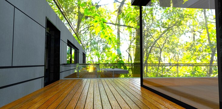 Shady terrace of the cozy country cottage. Much green plants around. Decked floor, 3d rendering.