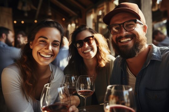 Group Of Friends Wine Tasting At A Distillery Or Cellar Drinking Glasses And Enjoying The Tour Together