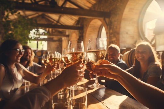 Group of friends wine tasting at a distillery or cellar drinking glasses and enjoying the tour together