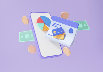 Open account passbook deposit on smartphone floating on purple background. transaction internet banking. chart management money transfer concept. cartoon minimal. 3d rendering illustration