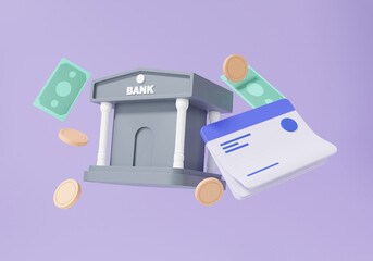 Account passbook with bank building floating on purple background. transaction concept. deposit, budget, fund, statement payment banking money saving. cartoon elements. 3d render illustration