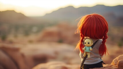 Red hair toy doll hiking across vast desert landscape, distant mountains and never ending rocky valleys, warm summer heat, intense sunshine - generative AI 