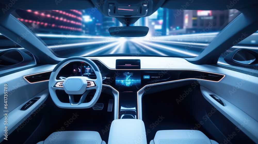 Poster future technologies, interior of a self-driving car controlled by an artificial intelligence autopil