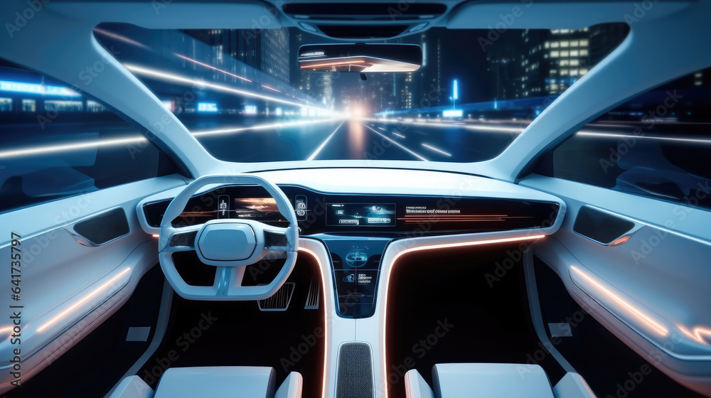 Poster future technologies, interior of a self-driving car controlled by an artificial intelligence autopil
