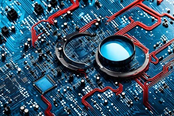 magnifying glass on computer mother board




