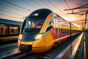 Fototapeta premium High speed train in motion on the railway station at sunset. Fast moving modern passenger train on railway platform. Railroad with motion blur effect. Commercial transportation.