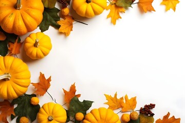 Naklejka na ściany i meble Autumn inspired Thanks Giving Flat lay mock up, product photography, on white background, top view, pumpkins, maple leaves, star anise, holiday, nature 