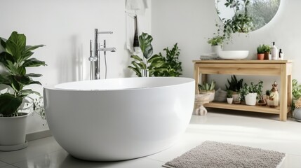 Modern Bathroom with White Bathtub and Sink.