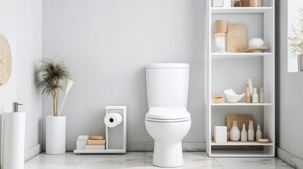 Restroom and ceramic toilet bowl with shelving unit and wicker basket in fashionable house. - obrazy, fototapety, plakaty