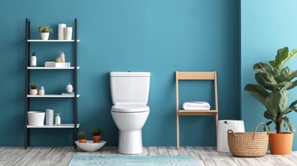 Modern toilet room interior, Classic white ceramic toilet bowl with water tank and opened seat lid.