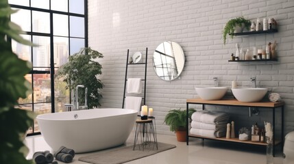 Spacious modern bathroom, Bathroom interior and bathtubs at house.