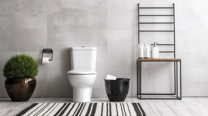 Modern bathroom interior, Ceramic toilet bowl with shelving unit.