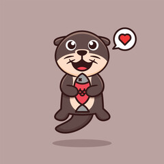 Cute Otter Holding Fish Cartoon Vector Illustration. Animal Nature Isolated. Flat Cartoon Style.