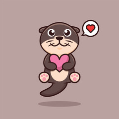 Cute Otter Holding Heart Cartoon Vector Illustration. Animal Nature Isolated. Flat Cartoon Style.
