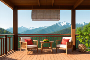 Wooden villa balcony with mountain view 3d render, The floor and walls are old wood, decorated with fabric and rattan furniture