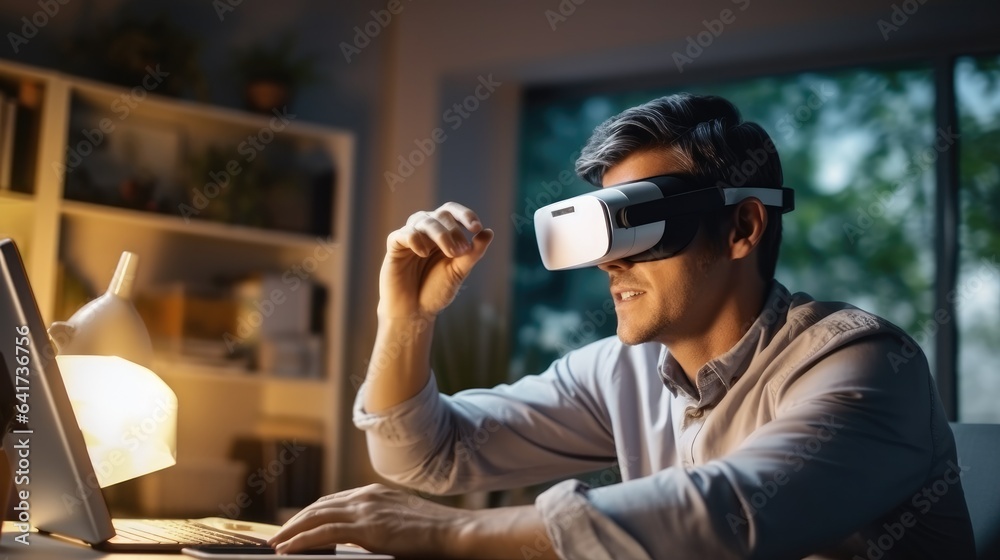 Aufkleber man wearing a vr headset and interacting with virtual screens at home, experiencing virtual reality.