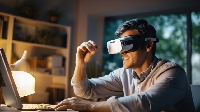 Man wearing a VR headset and interacting with virtual screens at home, Experiencing virtual reality.