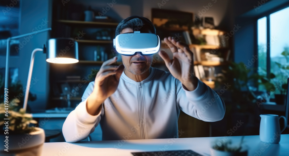 Poster man wearing a vr headset and interacting with virtual screens at home, experiencing virtual reality.