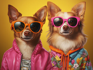 Stylish dogs in bright sunglasses and playful collars, wearing stylish clothes