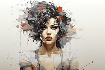 The illustration showcases a woman's portrait set against a dynamic and colorful abstract collage backdrop. Generative Ai.