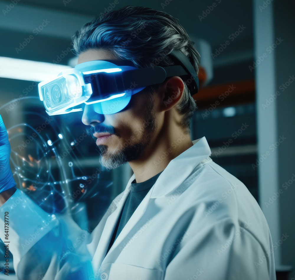 Fototapete futuristic researcher using the augmented reality vr glasses with hologram graphics for viewing resu