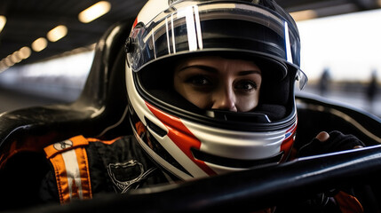 Female race car driver wearing helmet are driving auto on the track.