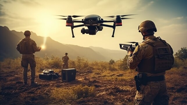 Soldiers launching a drone in an outdoor setting, Military drone, Showcasing the precision and expertise involved in the operation.
