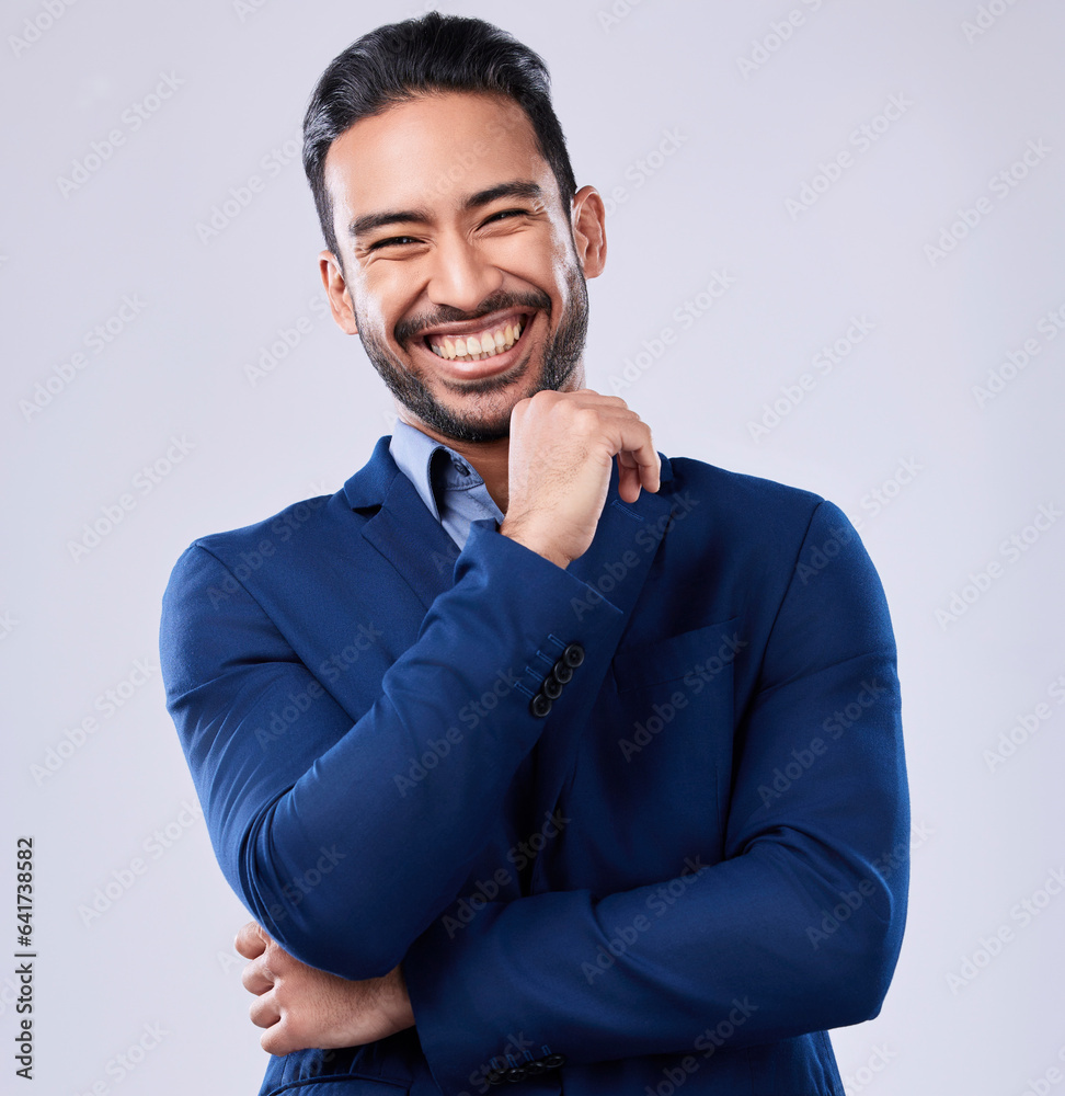 Poster happy, studio portrait or professional man, real estate agent or asian businessman smile for career,