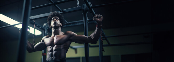 Fototapeta na wymiar African-american athlete with healthy muscular body doing pull-ups on horizontal bar in gym, copy space. Created with Generative Ai technology.