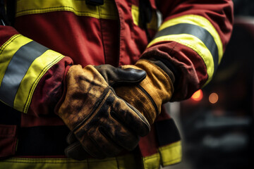 Firefighter wearing protective gloves close up
