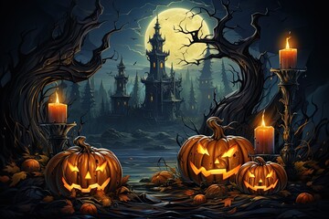 Halloween background with pumpkin and bats. Generative AI.