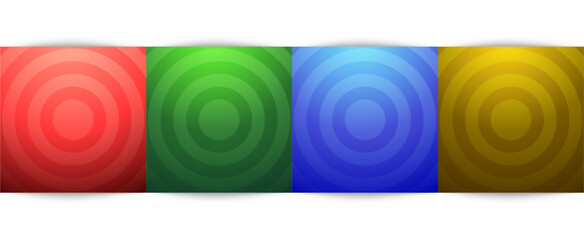 Set of radial circles  red, green, blue and yellow background with copy space. Collection of geometric pedestal or podium in top view design. Trendy color frames for product display. 