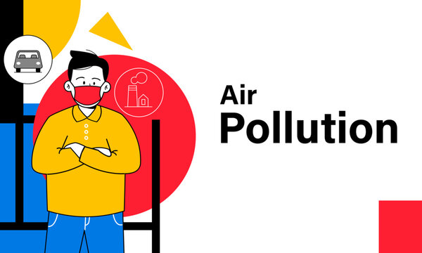Air pollution man wearing mask bauhaus style retro simple bright color dynamic shape illustration
