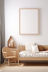 Mock up frame in children room with natural wooden furniture, 3D render, Generative AI