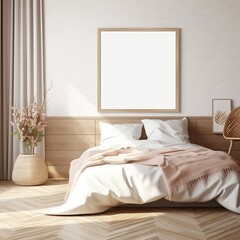 Mockup frame in cozy bedroom interior background, 3d render, Generative AI